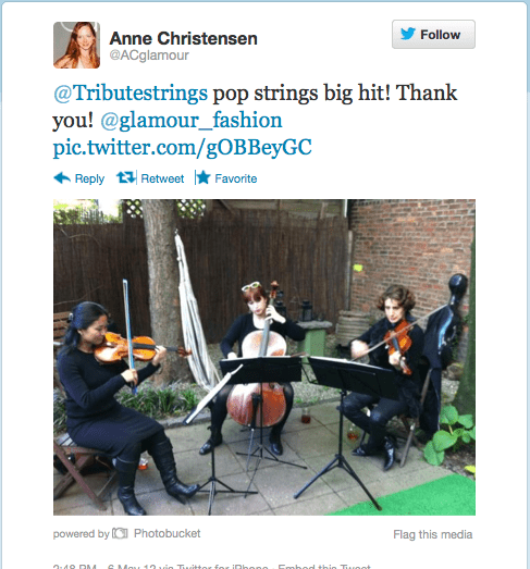 Anne Christenson tweet about Tribute String Quartet
